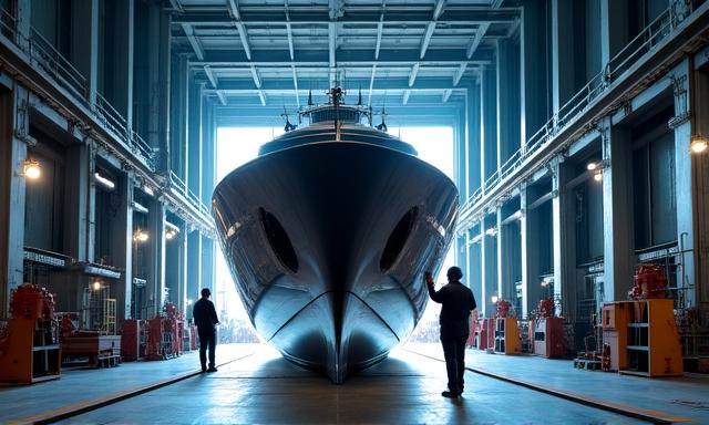 Artigiani che lavorano allo scafo di uno yacht in costruzione