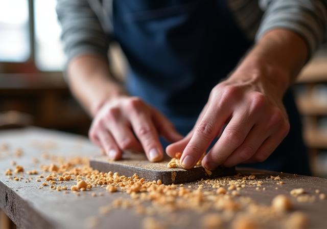 Maestro artigiano che lavora il legno con cura in atelier
