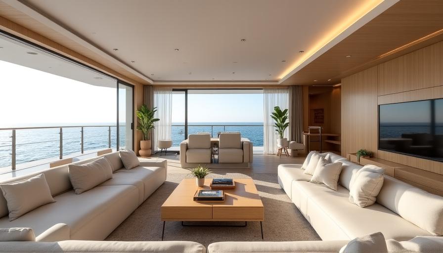Soggiorno open space di uno yacht moderno