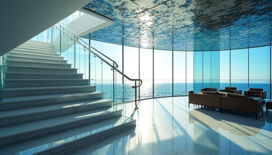 Ampia vetrata di uno yacht con vista sull'oceano